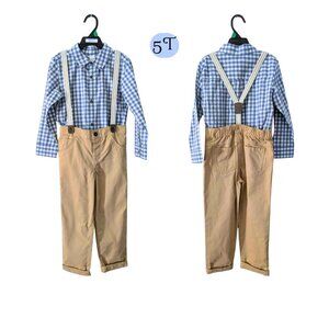 Boys 5T 3-Piece Outfit | Blue Gingham Shirt + Suspenders & Khaki Pants
